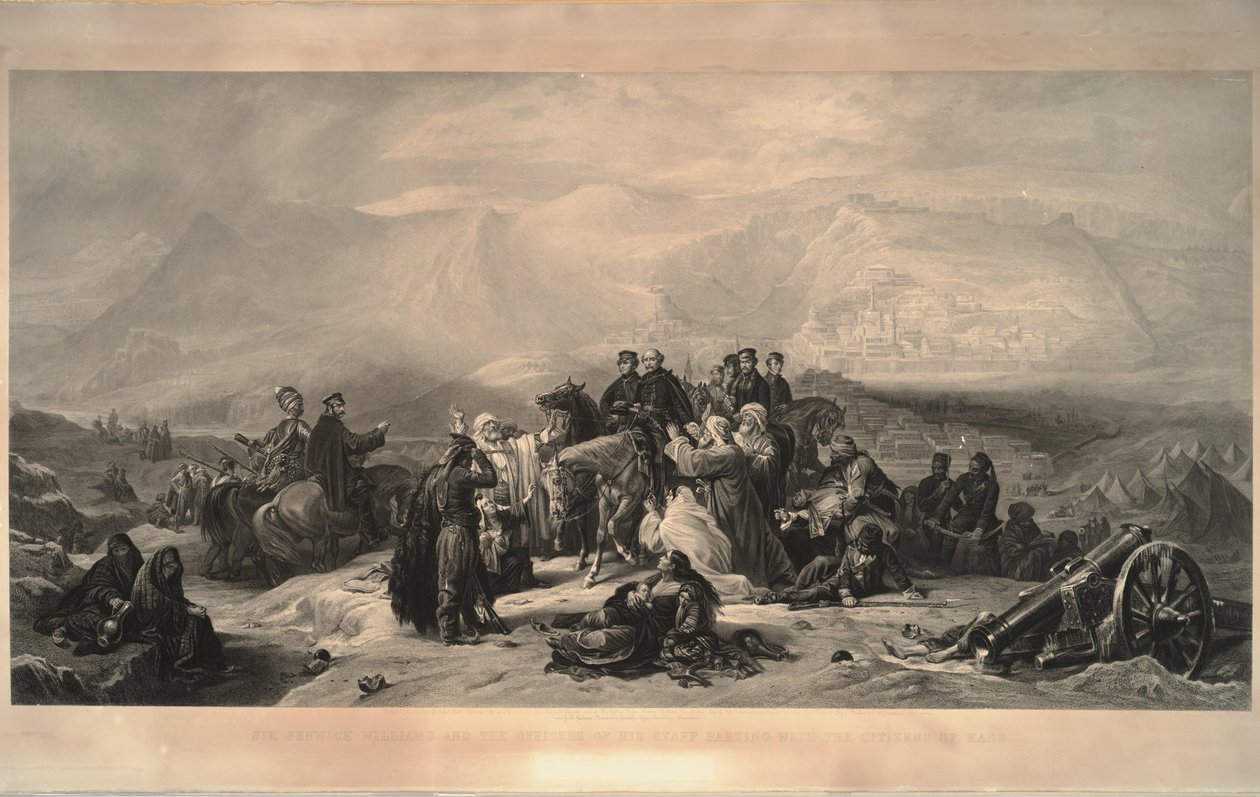 Obrona Karsu. Sir Fenwick Williams i oficerowie jego sztabu rozstają się z obywatelami autorstwa Thomas Jones Barker