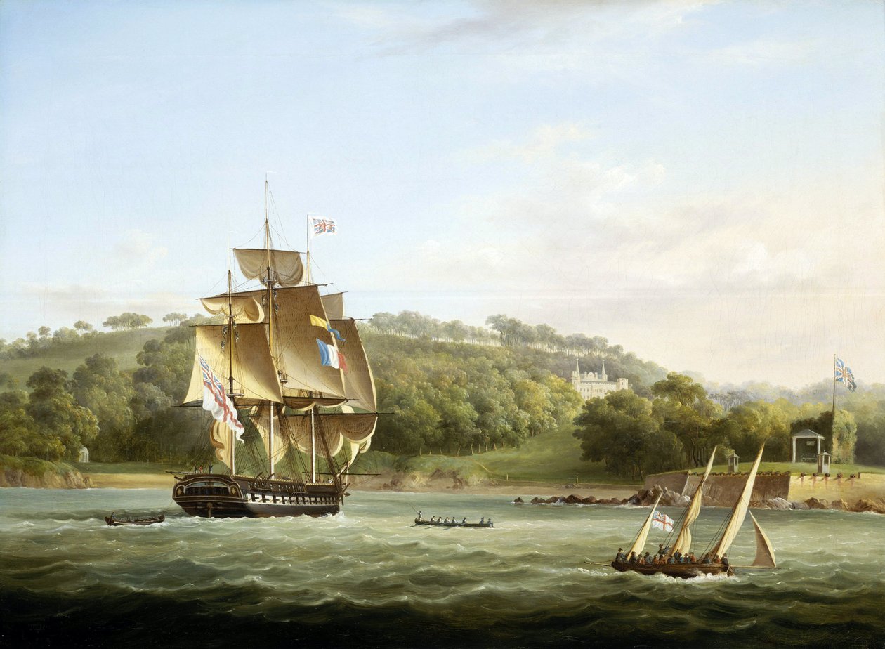 Królewska fregata i inne statki w zatoce Barn Bay u wybrzeży Plymouth w Anglii, przed Mount Edgcumbe. Olej na płótnie, ok. 1830-55, Thomas Lyde Hornbrook (1808-1855). autorstwa Thomas L. Hornbrook