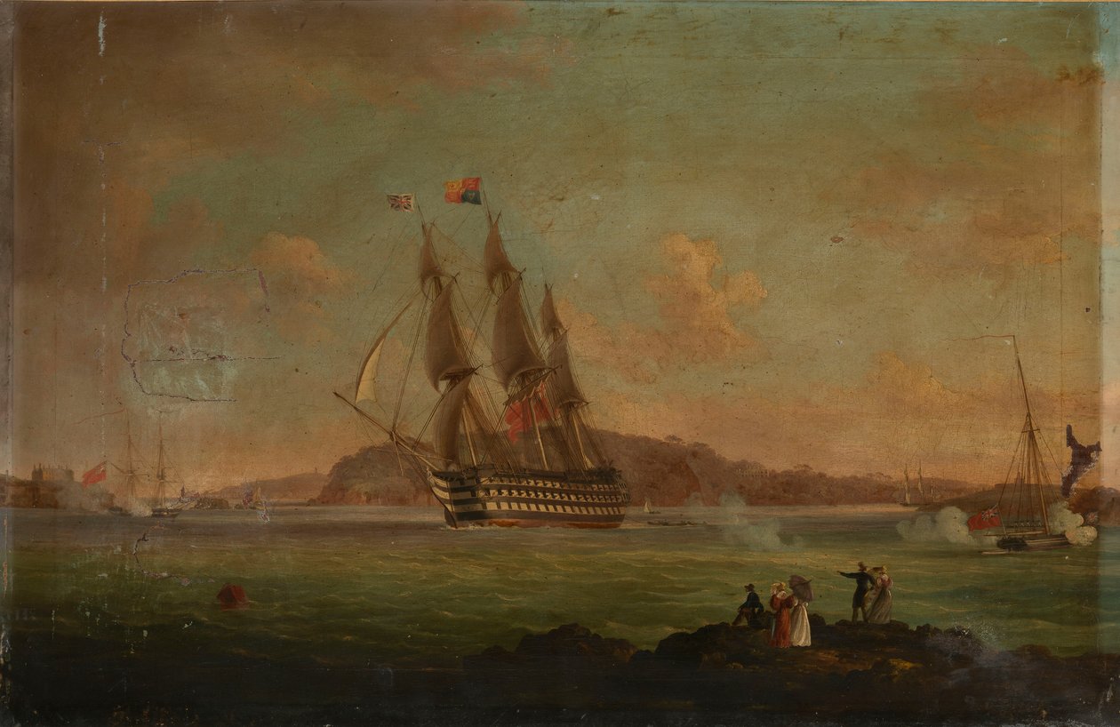 HMS "Britannia" płynący z Hamoaze do Plymouth Sound, z księciem Clarence na pokładzie jako lordem admirałem, 27 lipca 1828 r., ok. 1828 r. (olej na płótnie) autorstwa Thomas L. Hornbrook