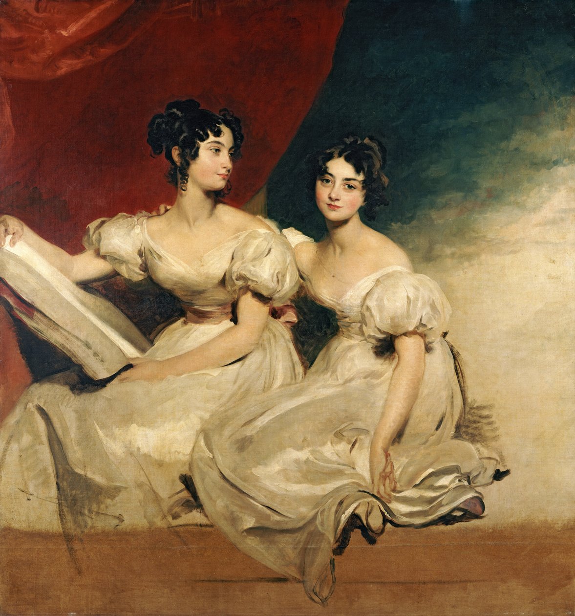 Podwójny portret sióstr Fullerton, siedzących na całej długości, w białych sukniach, ok. 1825 r. autorstwa Thomas Lawrence
