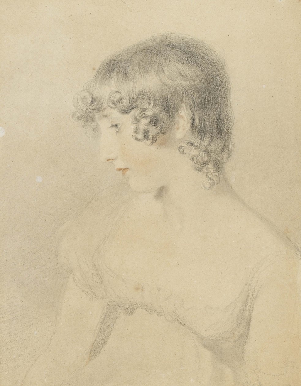 Portret popiersia Susan Bloxam, odwrócony z profilu w lewo, 1818 (czarna kreda, pokryta czerwoną kredą i lekko stłoczona na białej karcie, przebarwiony brąz) autorstwa Thomas Lawrence