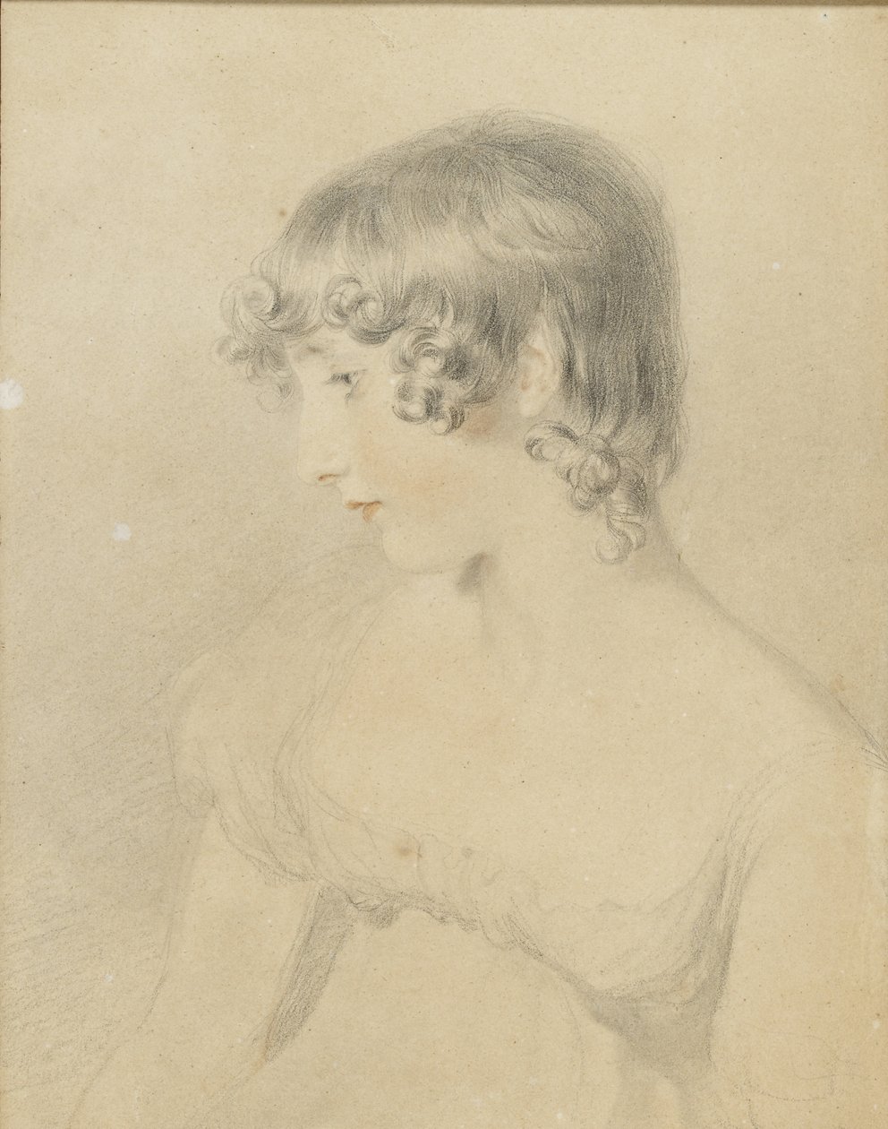 Portret popiersia Susan Bloxam, odwrócony z profilu w lewo, 1818 (czarna kreda, zadrapana czerwoną kredą, lekko nabita biała kartka przebarwiona na brąz) autorstwa Thomas Lawrence