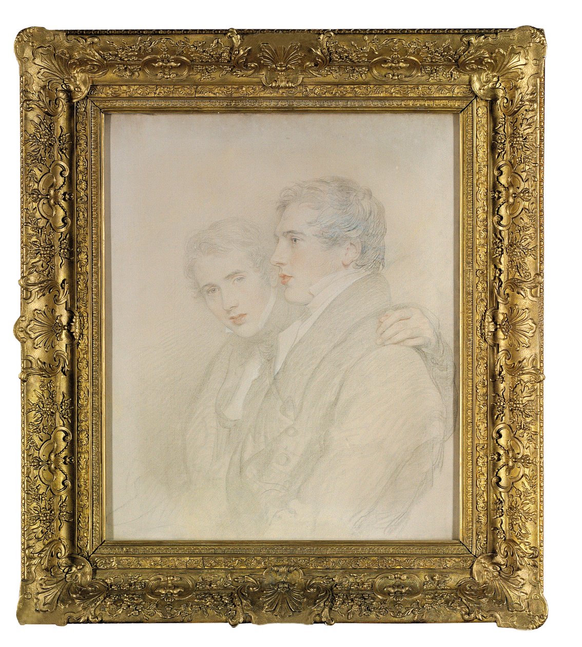 Podwójny portret Richarda Rowlanda Bloxama (1797-1877) i Andrew Bloxama (1801-1878), w połowie długości, z profilu, w przeddzień ich wyjazdu na Wyspy Sandwich [Hawaje] w 1823 r. (czarna, biała i czerwona kreda na przygotowane płótno) autorstwa Thomas Lawrence