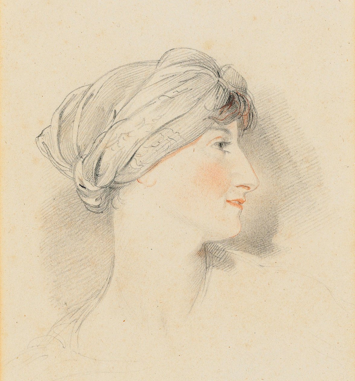 Portret głowy pani Jens Wolff, z profilu po prawej stronie, w turbanie (ołówek, czarno-czerwona kreda) autorstwa Thomas Lawrence