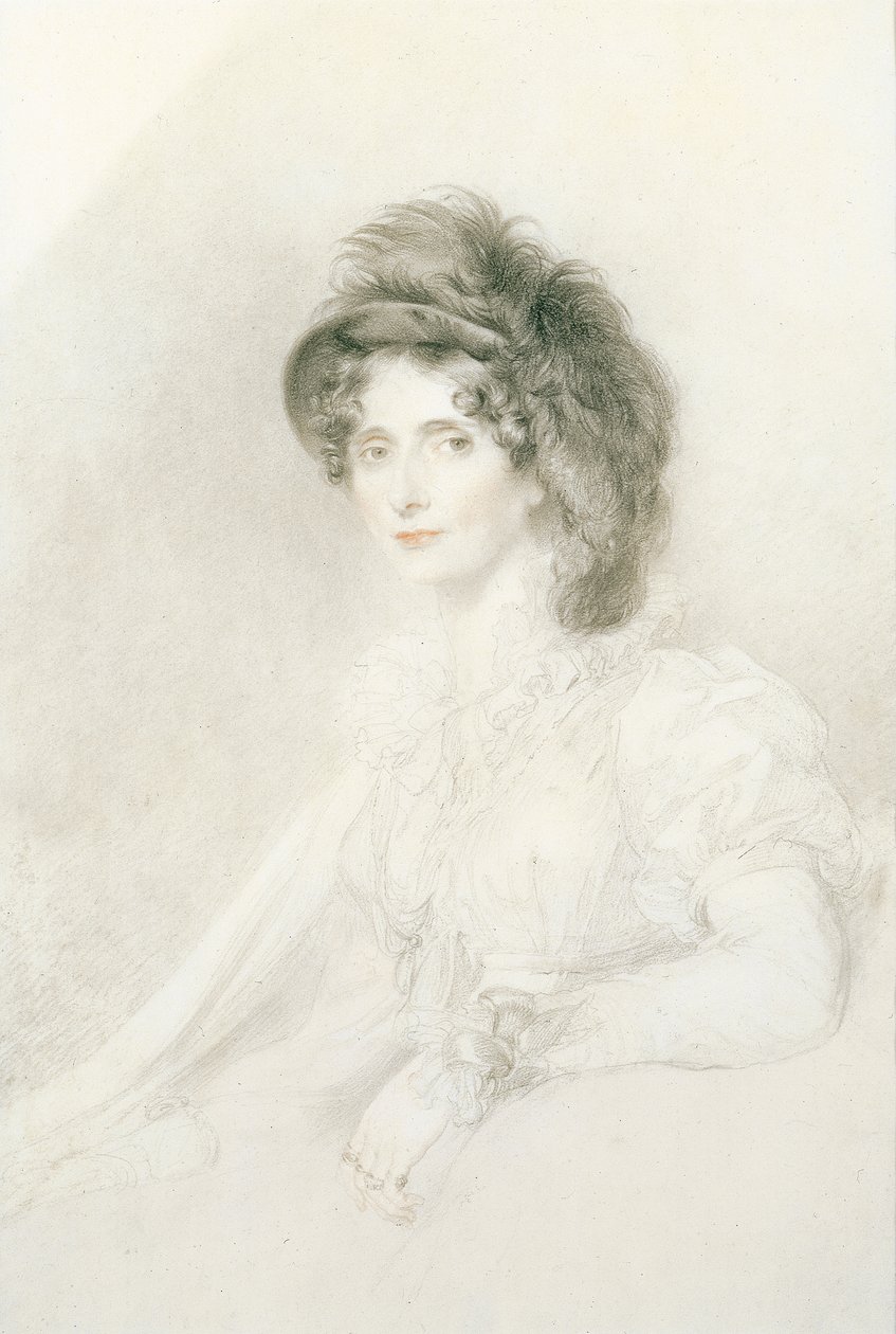 Portret Elżbiety, księżnej Devonshire (1758-1824), siedzącej, do połowy długości, w dużym kapeluszu z piórami (ołówek, czarno-czerwona kreda na papierze) autorstwa Thomas Lawrence