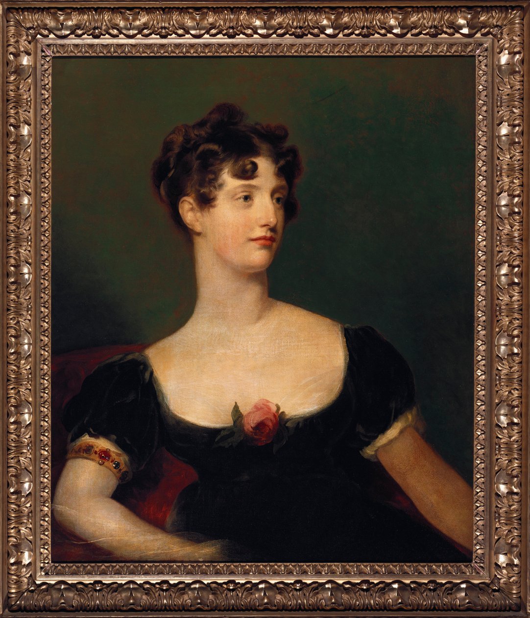 Portret Lady Beresford, siedząca, do połowy długości, w czarnej sukni ozdobionej różą autorstwa Thomas Lawrence