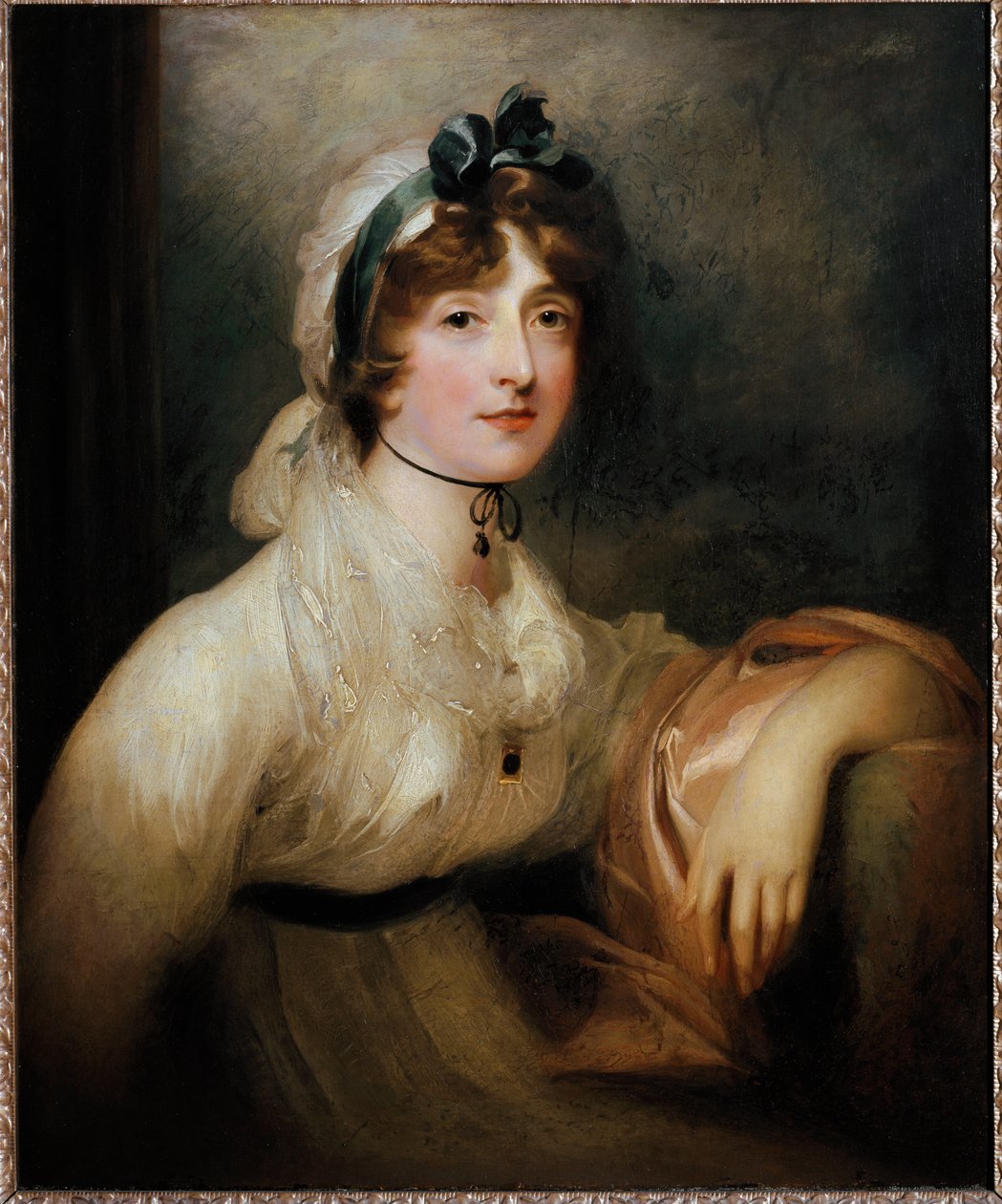 Portret Lady Milner Młoda dama ubrana w pierwszą empirową sukienkę i okryta krwawym ściśnięciem wstążką. Obraz Sir Thomasa Lawrence
