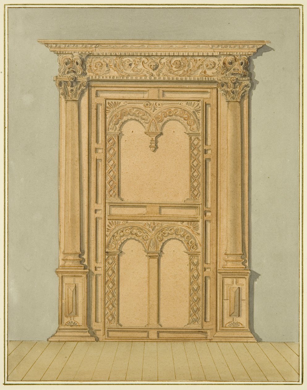 Rzeźbione dębowe drzwi, 6 Redcliffe Street (akwarela na papierze) autorstwa Thomas Leeson the Elder Rowbotham