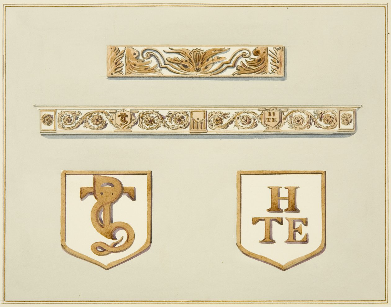 Rzeźbiony fryz dębowy, w tym jeden z kominka, przy 15 Broad Street (akwarela na papierze) autorstwa Thomas Leeson the Elder Rowbotham