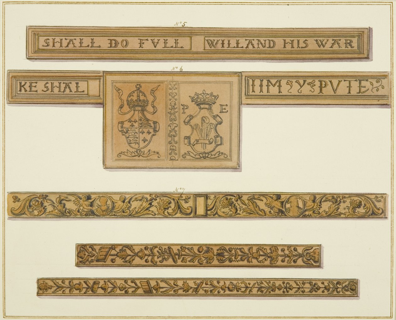 Rzeźbione fryzy i herby z ul. Baldwin 46 (akwarela na papierze) autorstwa Thomas Leeson the Elder Rowbotham
