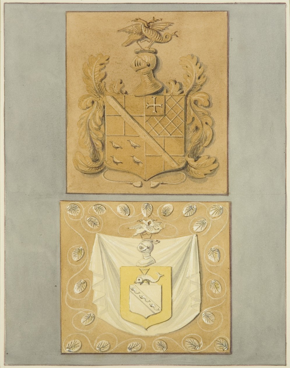 Herby na drzwiach w rezydencji Langton, na odwrocie (akwarela na papierze) autorstwa Thomas Leeson the Elder Rowbotham