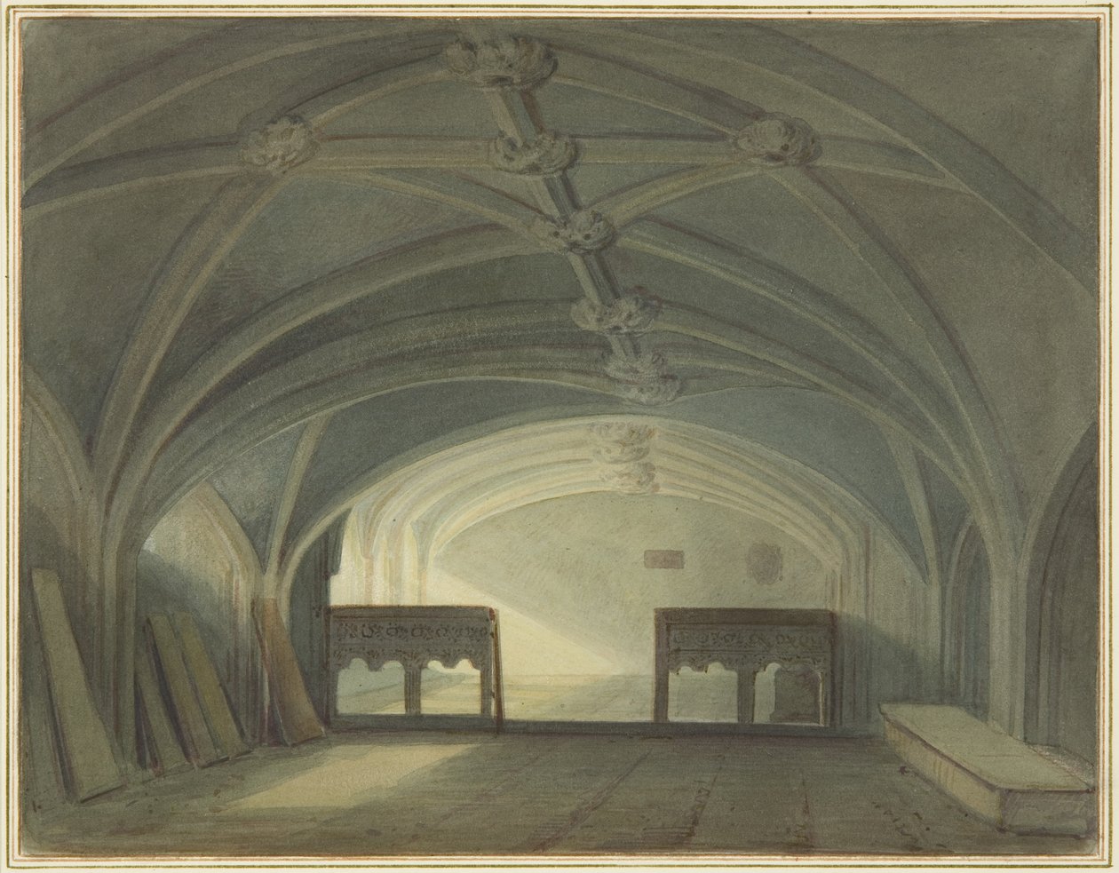 Krypta kościoła św. Jana, skierowana na wschód, ukazująca parawan dębowy (akwarela na papierze) autorstwa Thomas Leeson the Elder Rowbotham