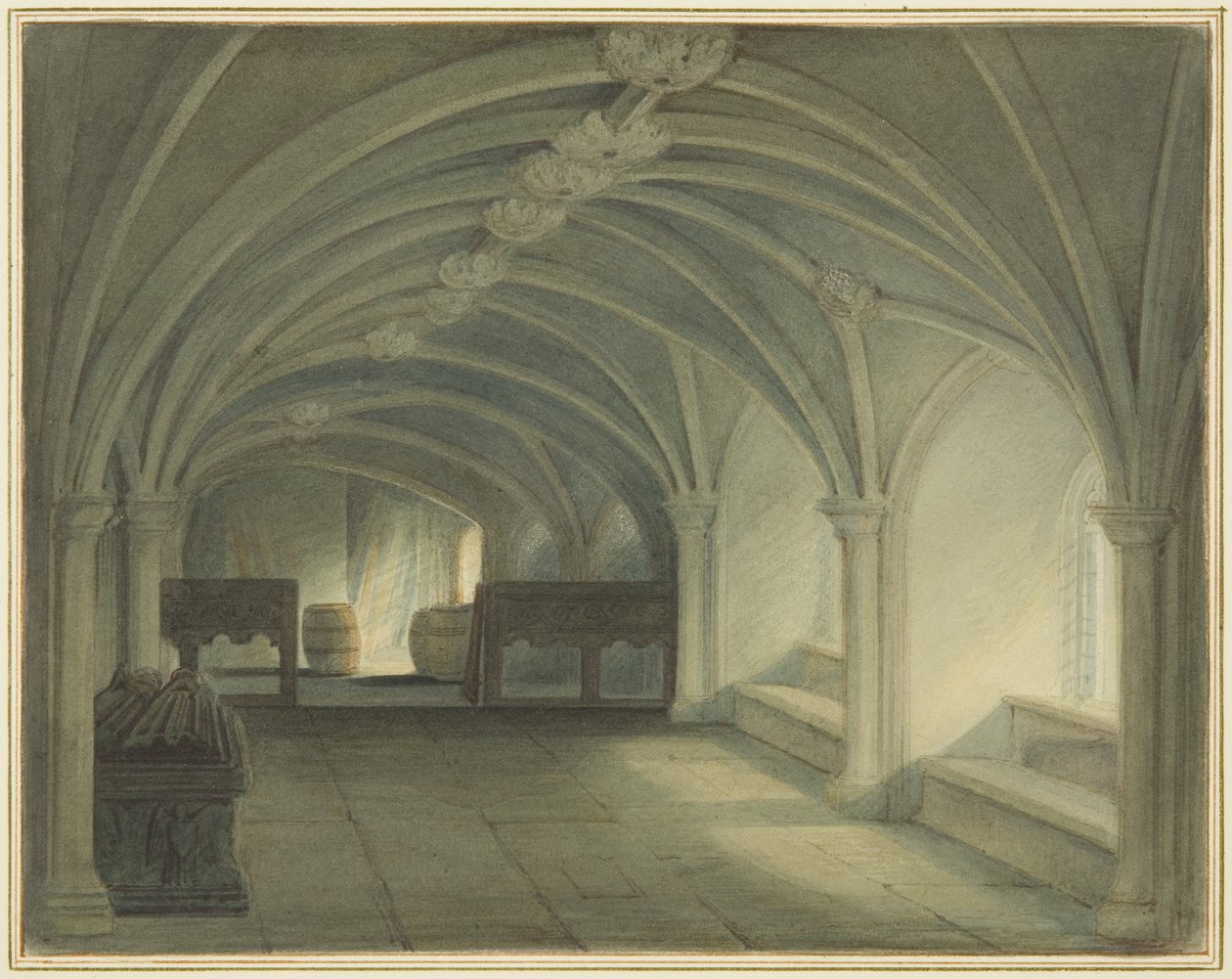 Krypta kościoła św. Jana, patrząc na zachód (akwarela na papierze) autorstwa Thomas Leeson the Elder Rowbotham