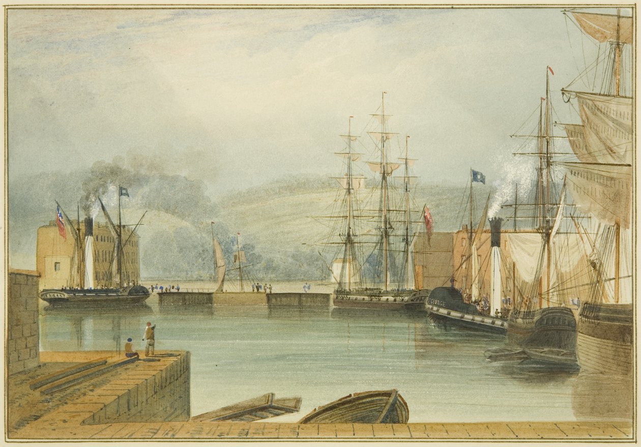 Cumberland Basin, z parowcami wiosłowymi „St. George” i „George IV” i „Hrabia Liverpoolu” autorstwa Thomas Leeson the Elder Rowbotham