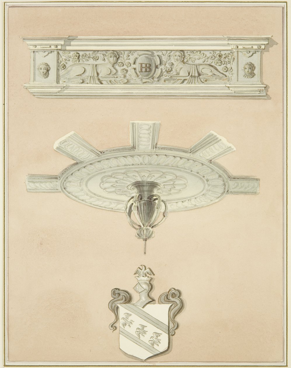 Szczegóły pomieszczenia w Bibliotece Prawnej, w tym centralny wisior na suficie i gzyms (ołówek i akwarela na papierze) autorstwa Thomas Leeson the Elder Rowbotham
