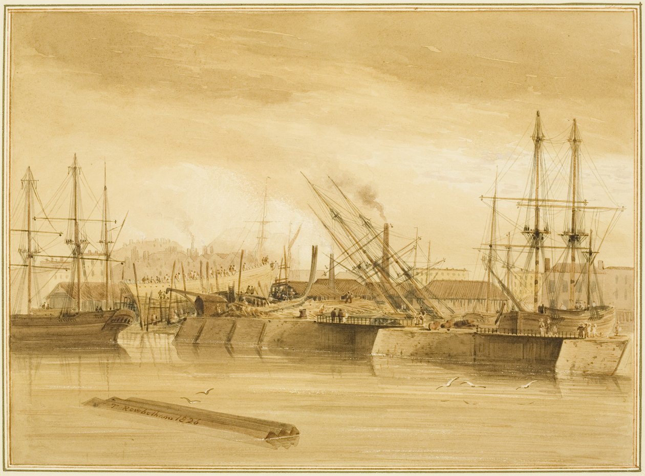 Eastern Wapping Dock, pokazujący barkę „Avon” na dybach autorstwa Thomas Leeson the Elder Rowbotham