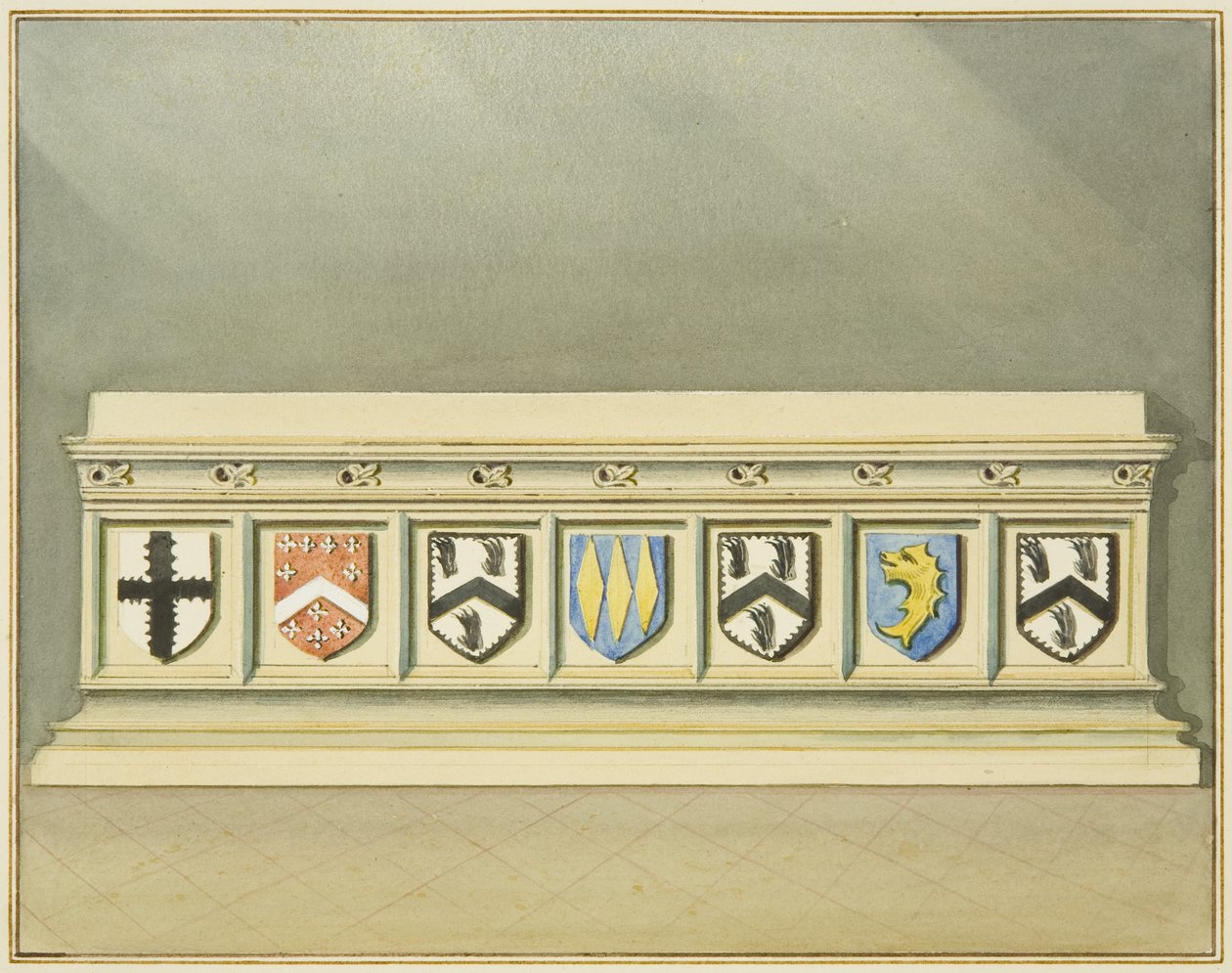 Łożyska heraldyczne na grobie Waltera Framptona w kościele św. Jana (akwarela na papierze) autorstwa Thomas Leeson the Elder Rowbotham