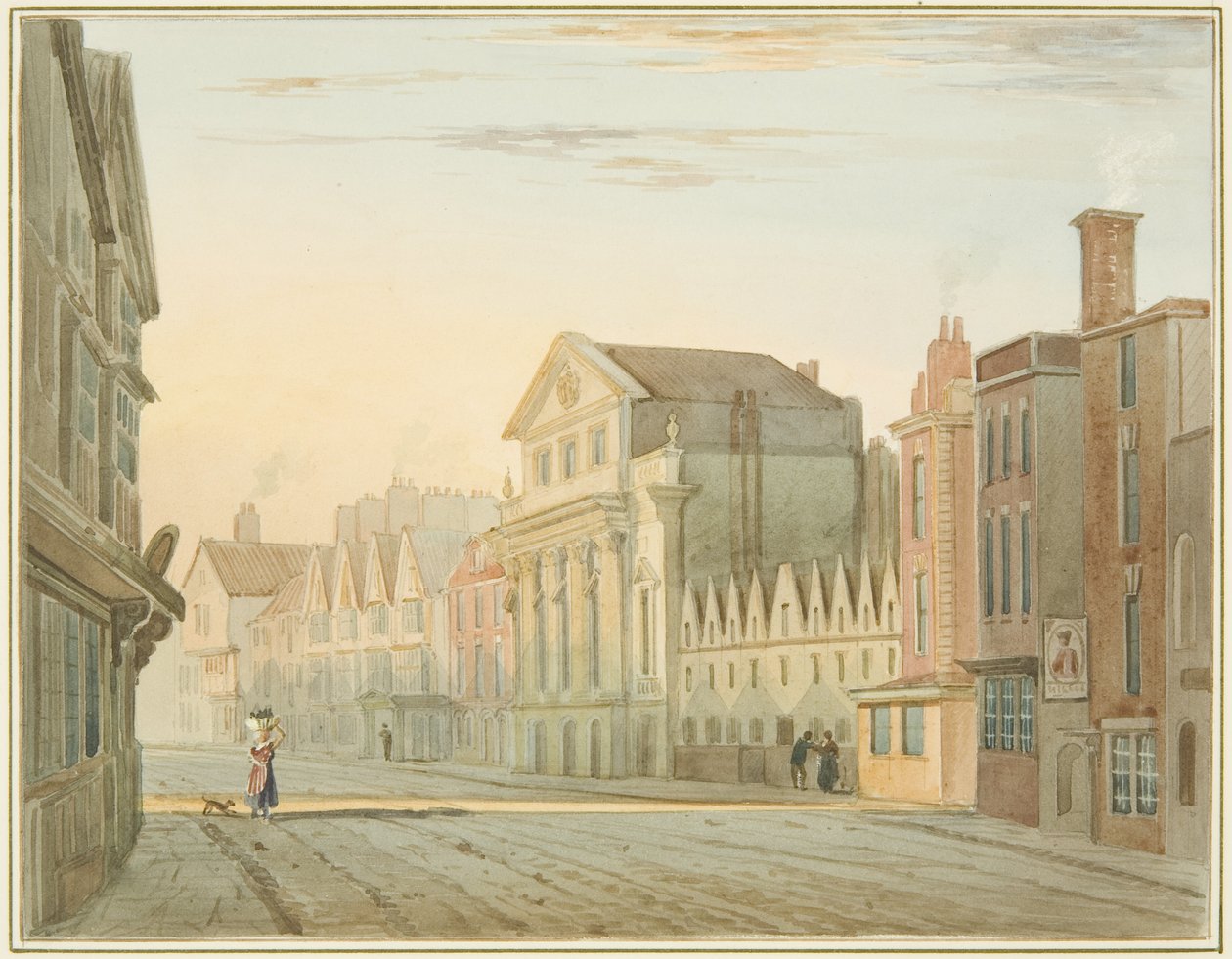 King Street, pokazujący Teatr, Sala Bednarza i Przytułek Św. Mikołaja (akwarela na papierze) autorstwa Thomas Leeson the Elder Rowbotham