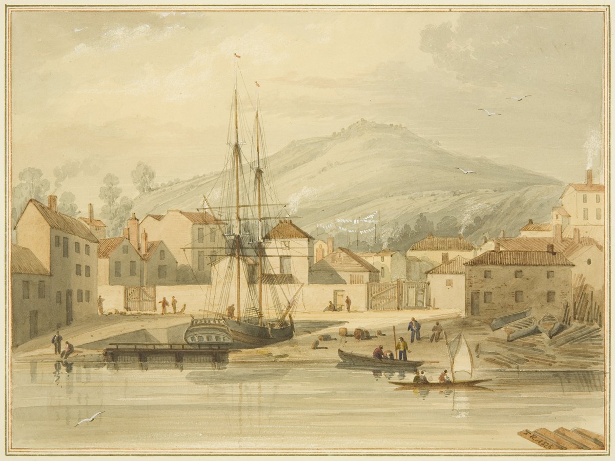 Limekiln Dock, Hotwell Road, z bryg „Eolus” i Brandon Hill za nimi autorstwa Thomas Leeson the Elder Rowbotham