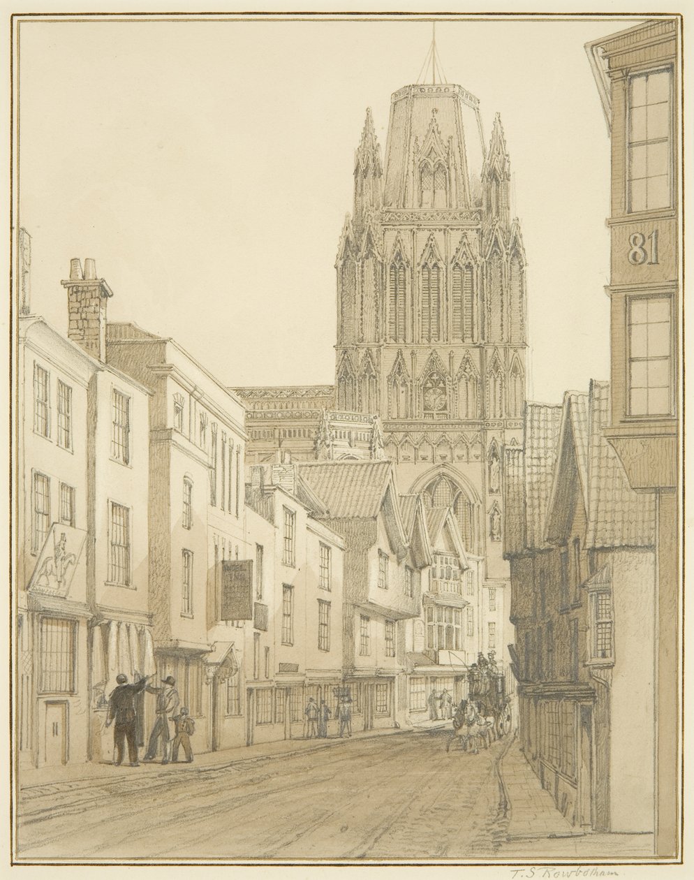 Widok północny kościoła St Mary Redcliffe widziany z ulicy Redcliffe autorstwa Thomas Leeson the Elder Rowbotham