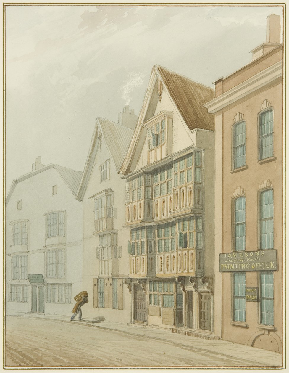 Stare domy naprzeciw Hali Kupieckiej (akwarela na papierze) autorstwa Thomas Leeson the Elder Rowbotham