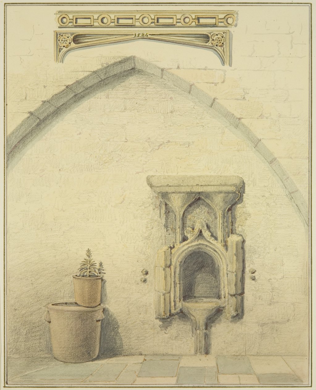 Piscina, fryz i spandrele na dziedzińcu 131 Temple Street (ołówek i akwarela na papierze) autorstwa Thomas Leeson the Elder Rowbotham