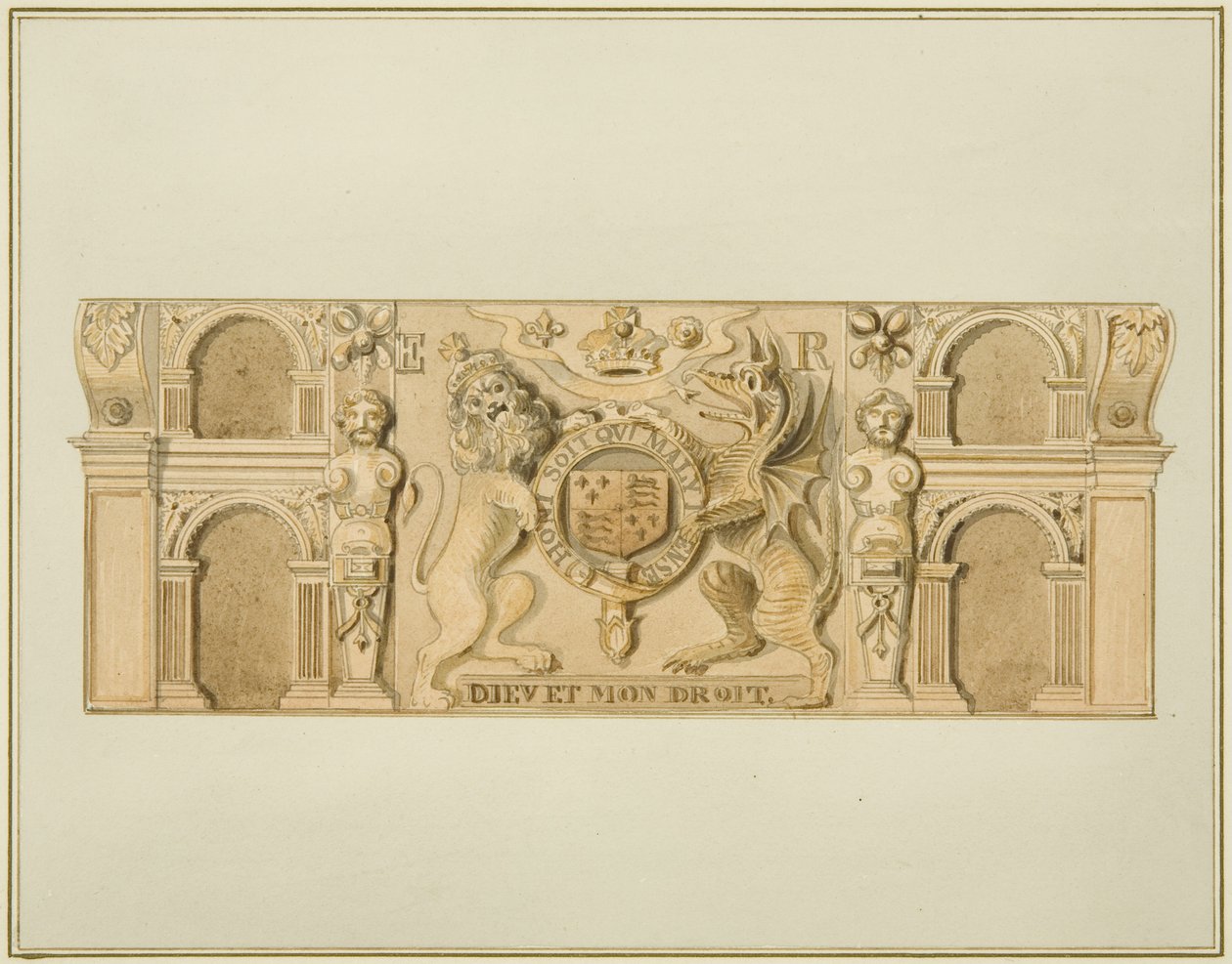 Ramiona królowej Elżbiety w dębie dawniej w domu na południowo-zachodnim krańcu Clare Street (akwarela na papierze) autorstwa Thomas Leeson the Elder Rowbotham