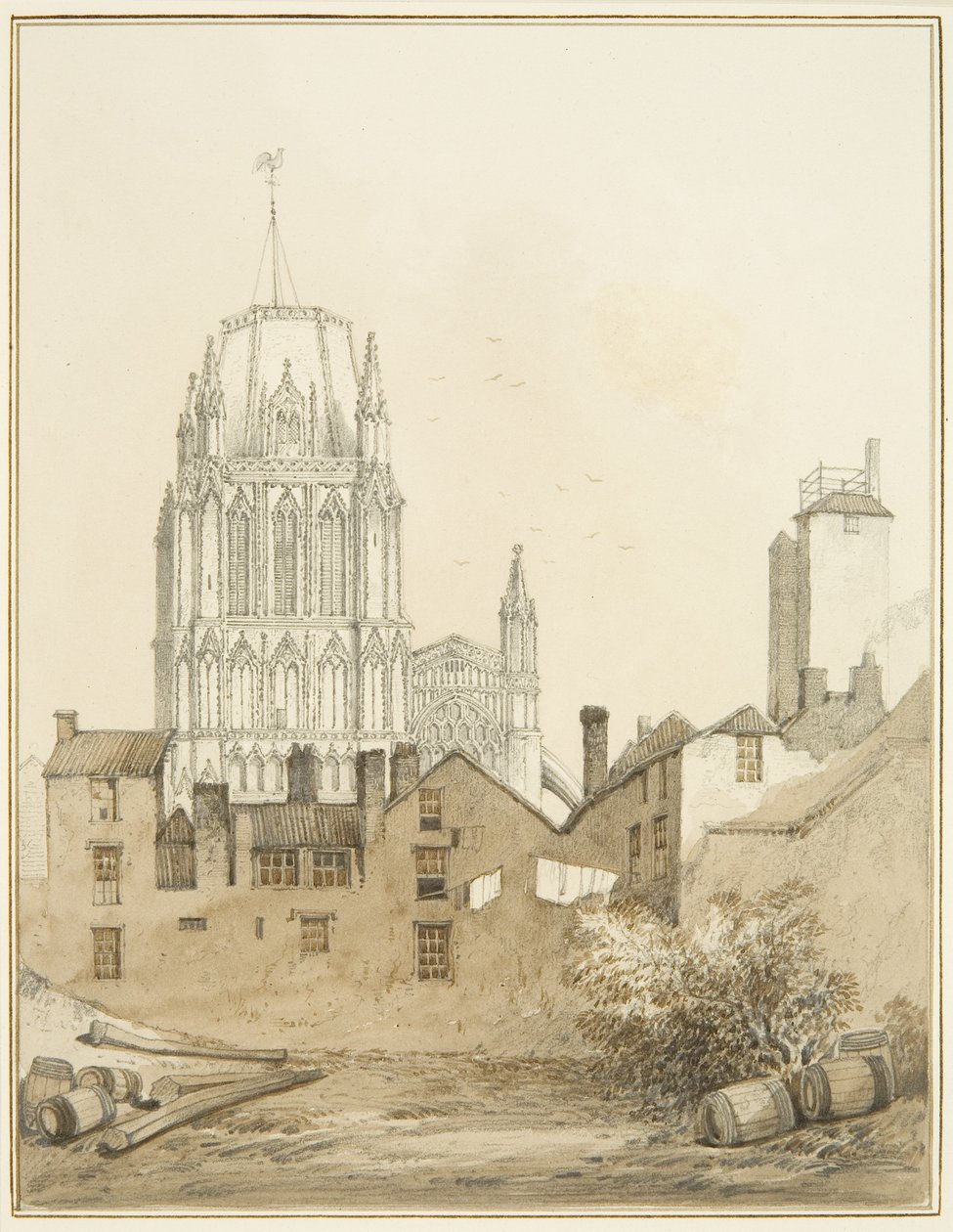 Kościół Redcliffe i część wzgórza Redcliffe z wieżą strzałową (akwarela na papierze) autorstwa Thomas Leeson the Elder Rowbotham