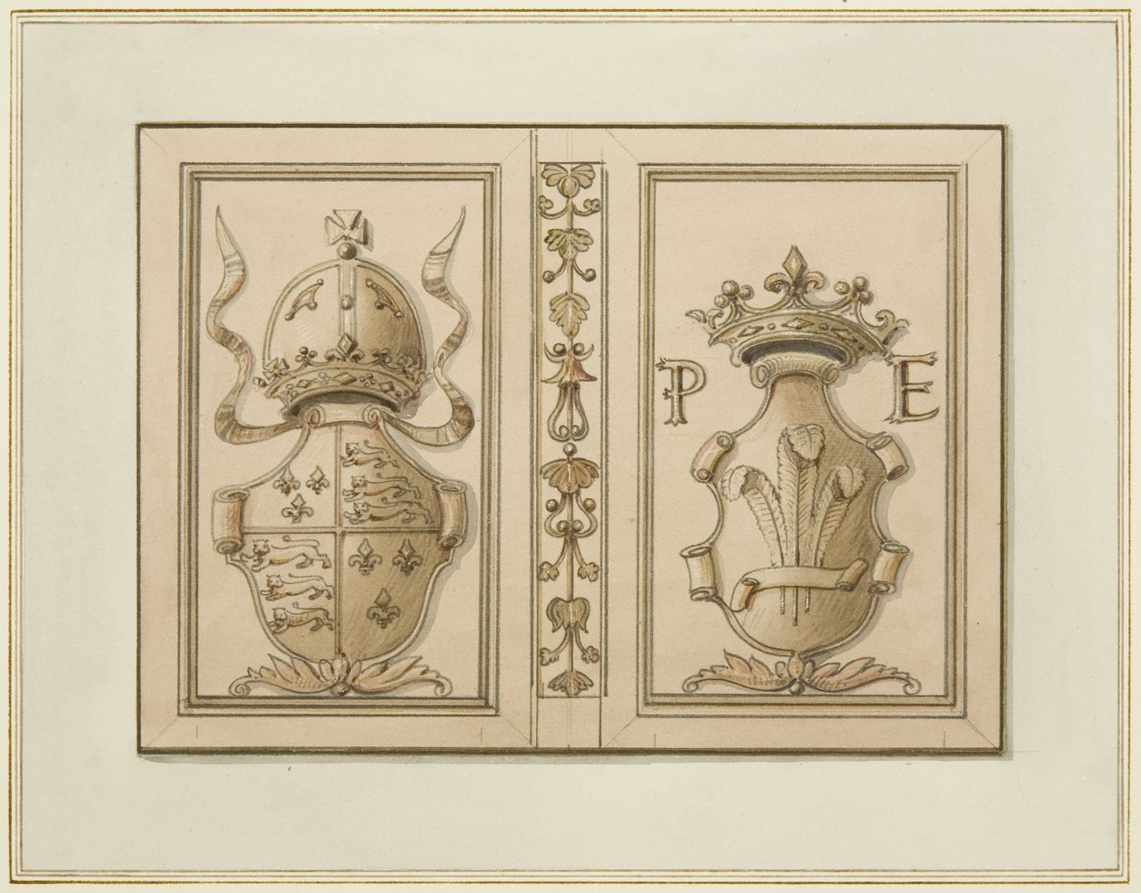 Królewskie herby z ul. Baldwina 46 (akwarela na papierze) autorstwa Thomas Leeson the Elder Rowbotham