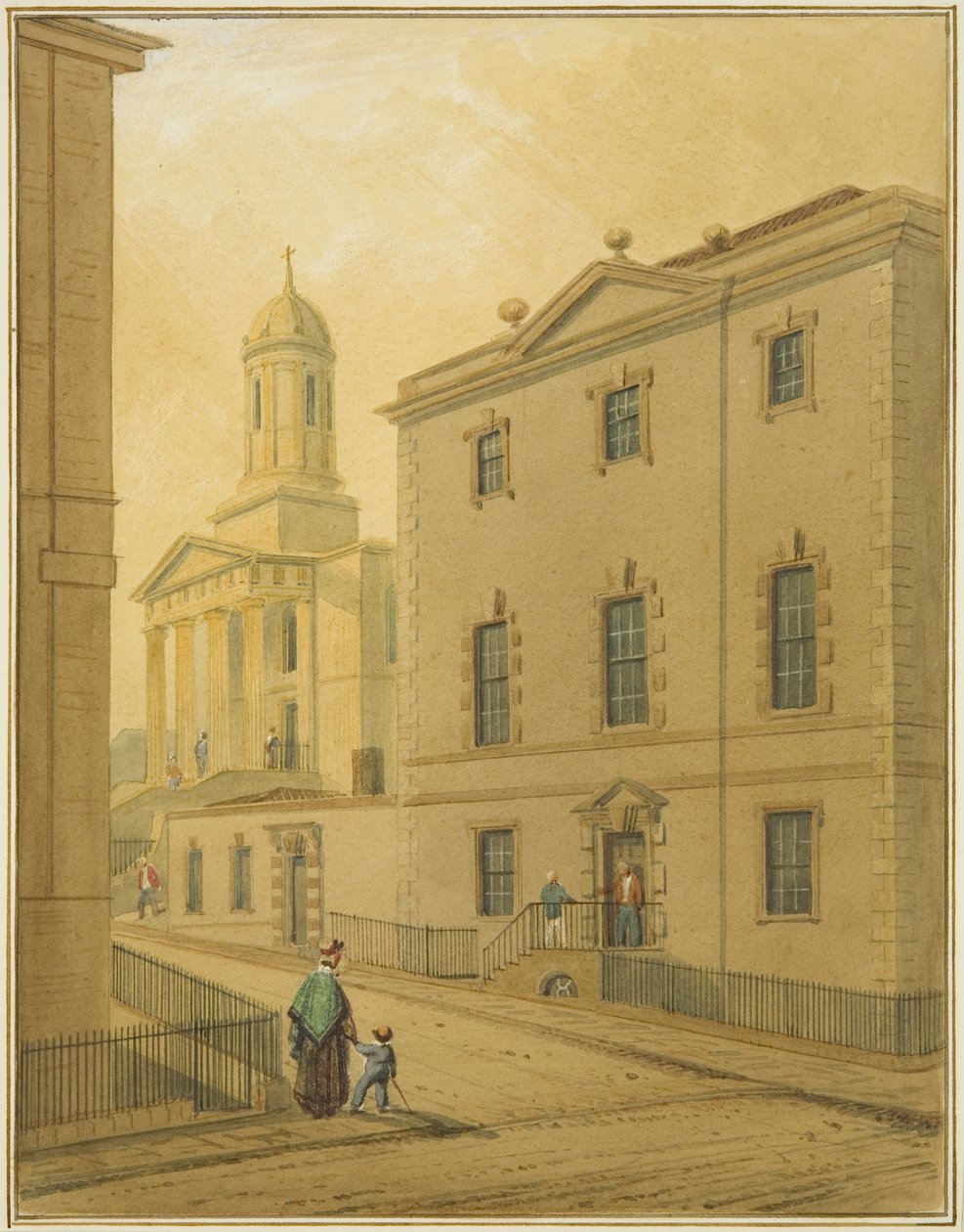 Kaplica św. Jerzego, ukazująca Great George Street, od rogu Park Street (akwarela na papierze) autorstwa Thomas Leeson the Elder Rowbotham