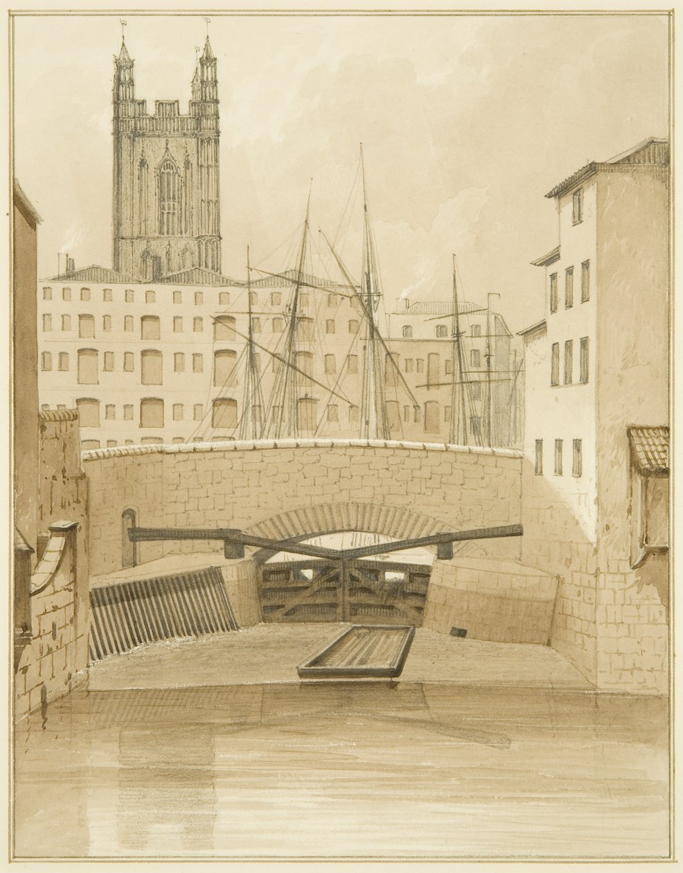 Kamienny most pokazany Floodgates (ołówek i akwarela na papierze) autorstwa Thomas Leeson the Elder Rowbotham
