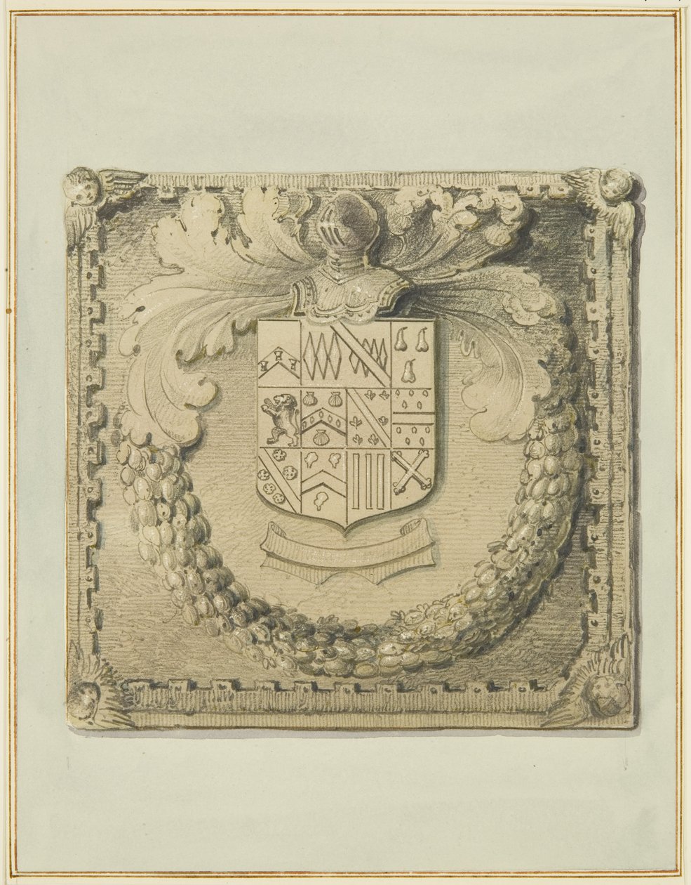 Kamienny herb nad Północnymi Drzwiami Dworu Barra autorstwa Thomas Leeson the Elder Rowbotham