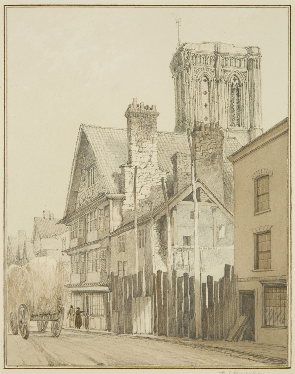 Temple Street, przedstawiająca wieżę kościoła Temple (akwarela na papierze) autorstwa Thomas Leeson the Elder Rowbotham