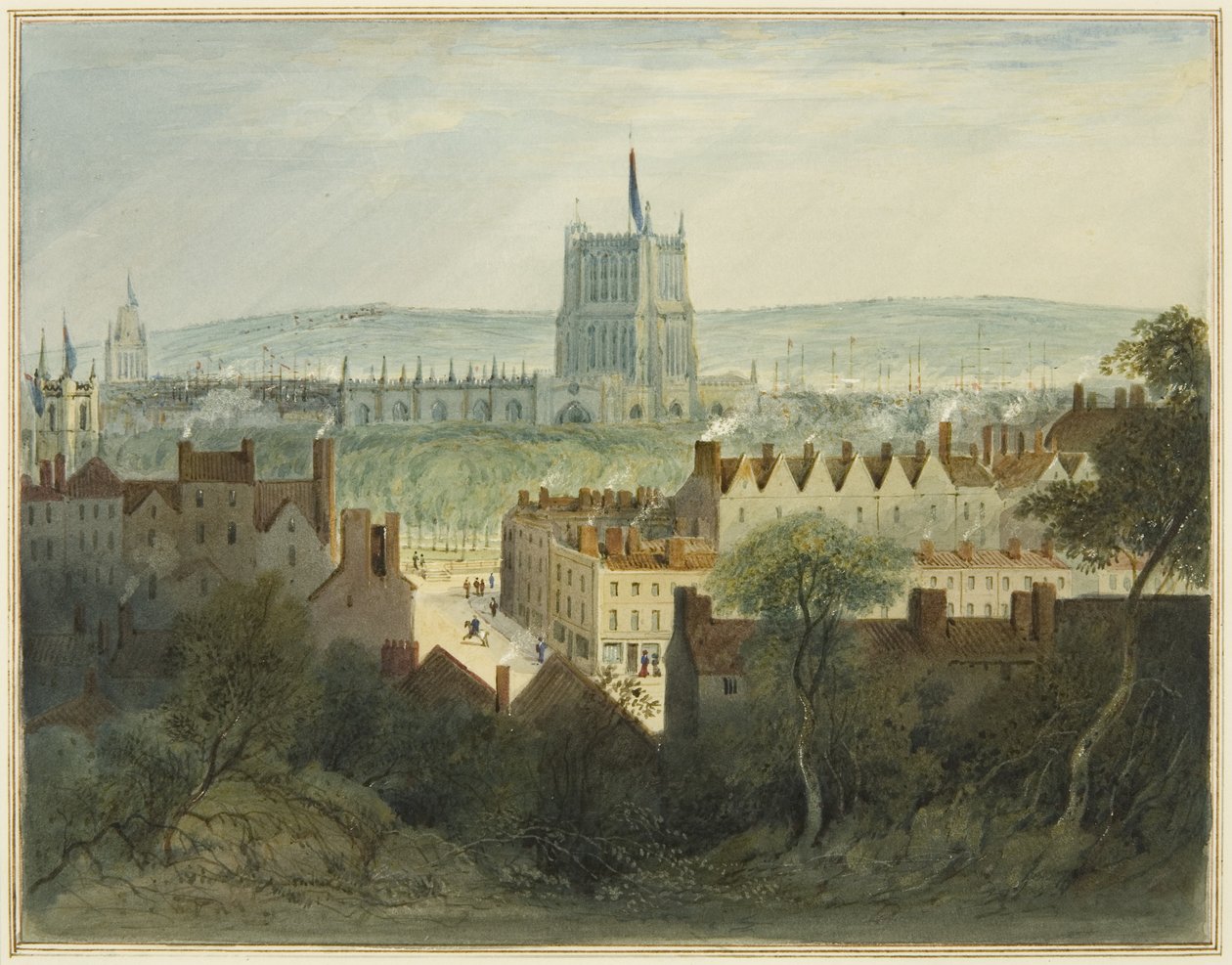 Katedra, College Green i College Street (akwarela na papierze) autorstwa Thomas Leeson the Elder Rowbotham