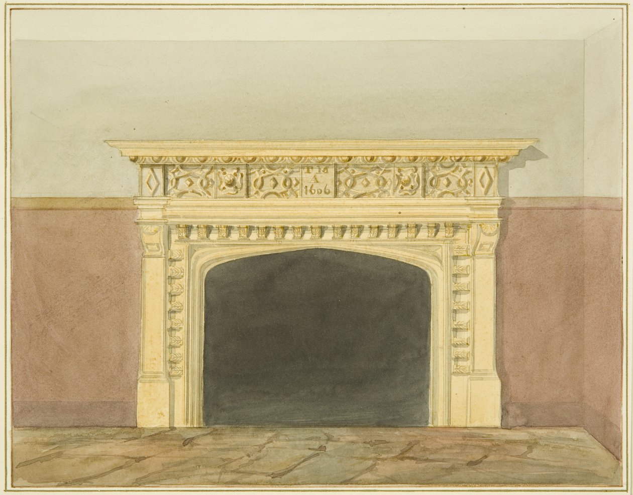 „Wschodzące słońce”, rów zamkowy, kominek (akwarela na papierze) autorstwa Thomas Leeson the Elder Rowbotham
