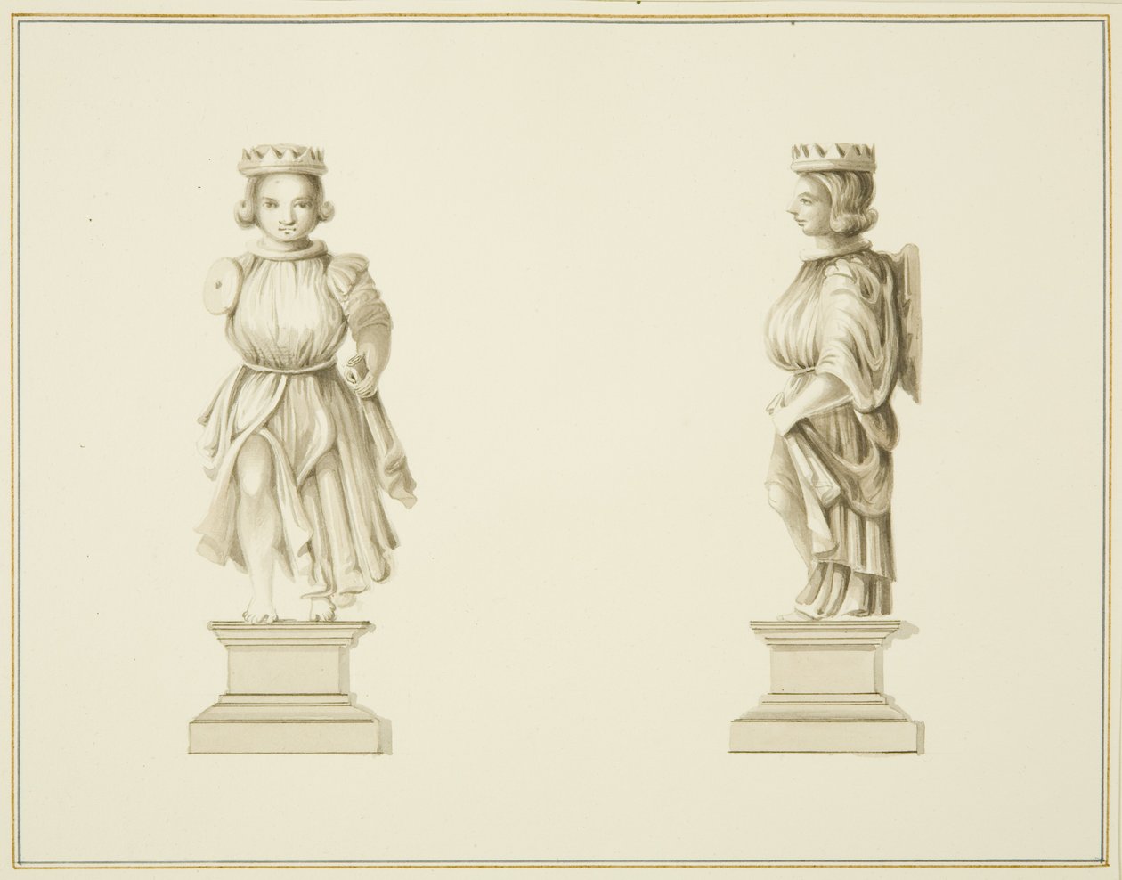 Dwa widoki rzeźbionej drewnianej figury w zakrystii kościoła św. Jana (ołówek i akwarela na papierze) autorstwa Thomas Leeson the Elder Rowbotham