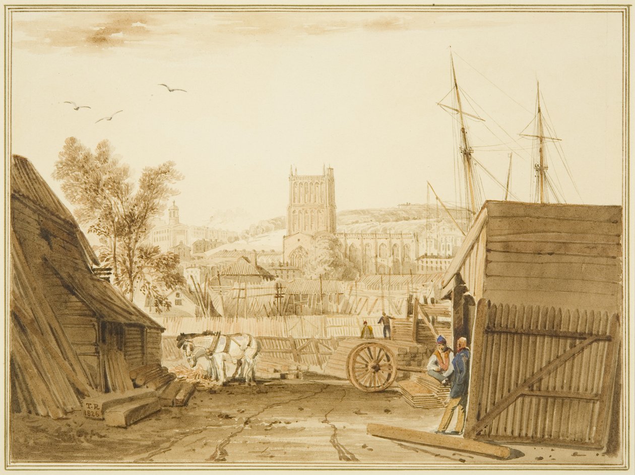 Widok ze składu drewna Acramana, Wapping, z widokiem na katedrę autorstwa Thomas Leeson the Elder Rowbotham