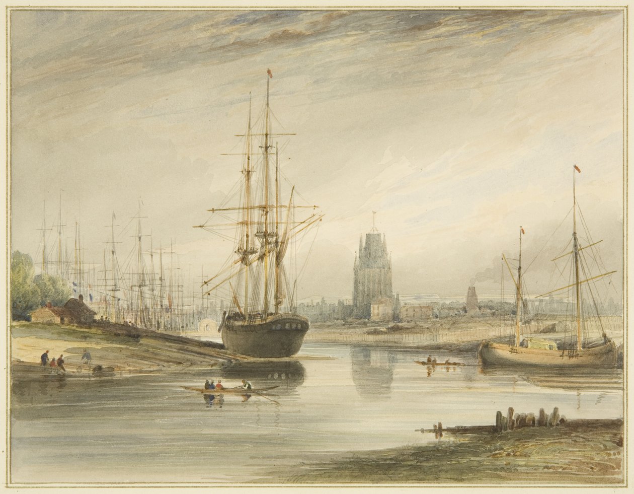 Widok patrząc w górę rzeki, wykonany z dołu Spacer po linie i Wapping, ok. 1804 r. autorstwa Thomas Leeson the Elder Rowbotham