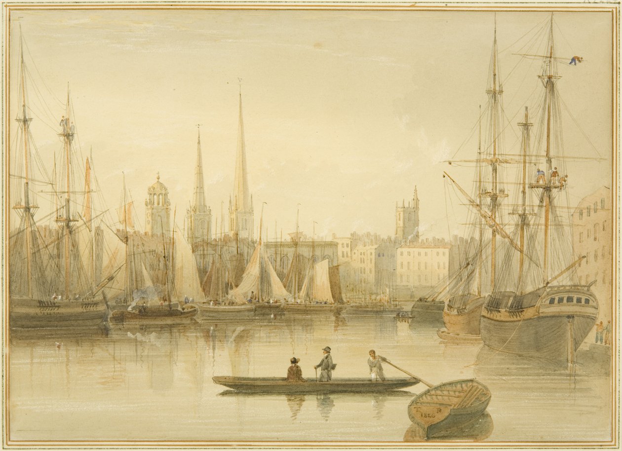 Widok na pływający port z promu Redcliffe Back autorstwa Thomas Leeson the Elder Rowbotham