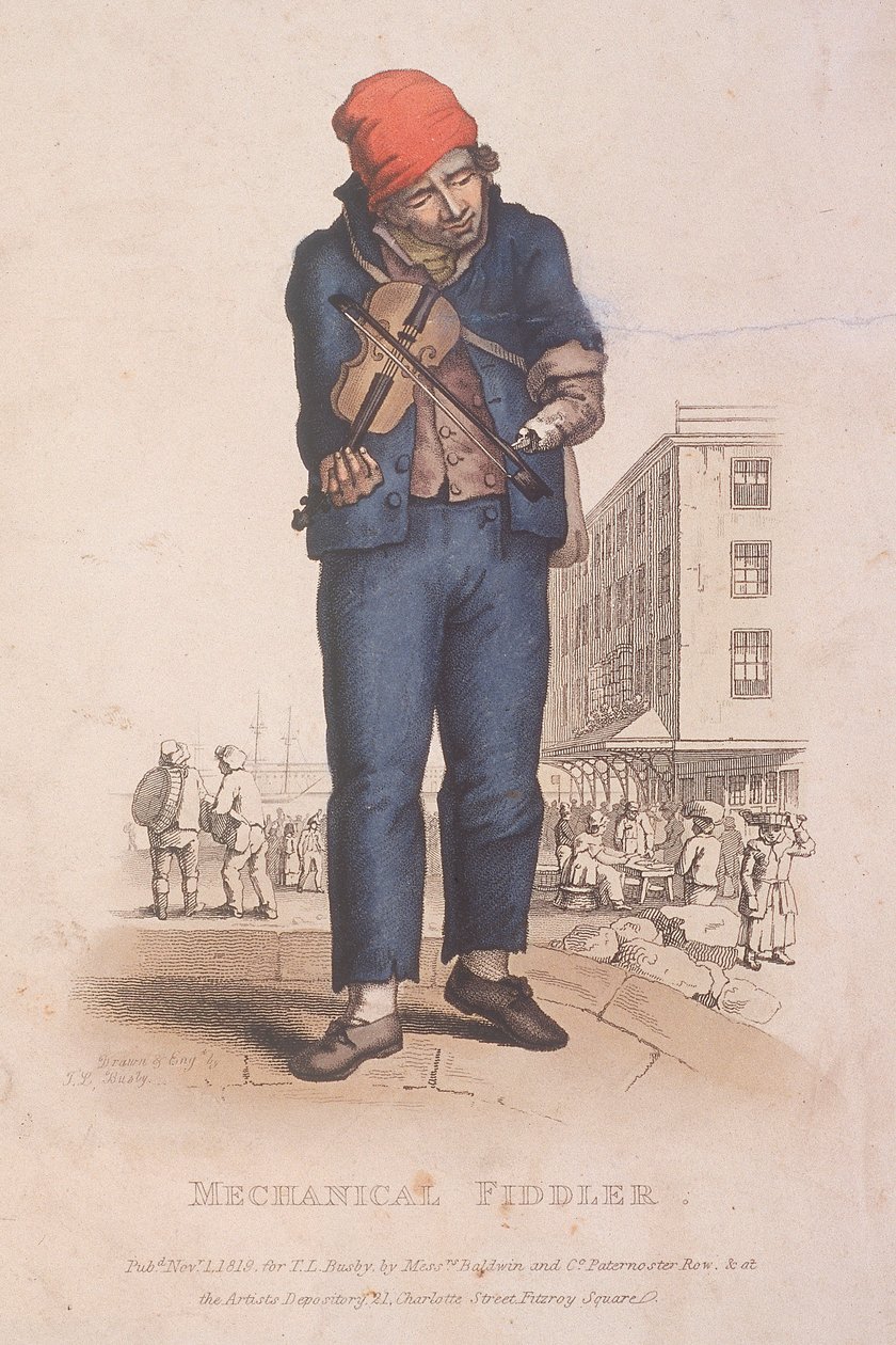 Skrzypek z protezą ręki, z rynkiem w tle, 1820 autorstwa Thomas Lord Busby