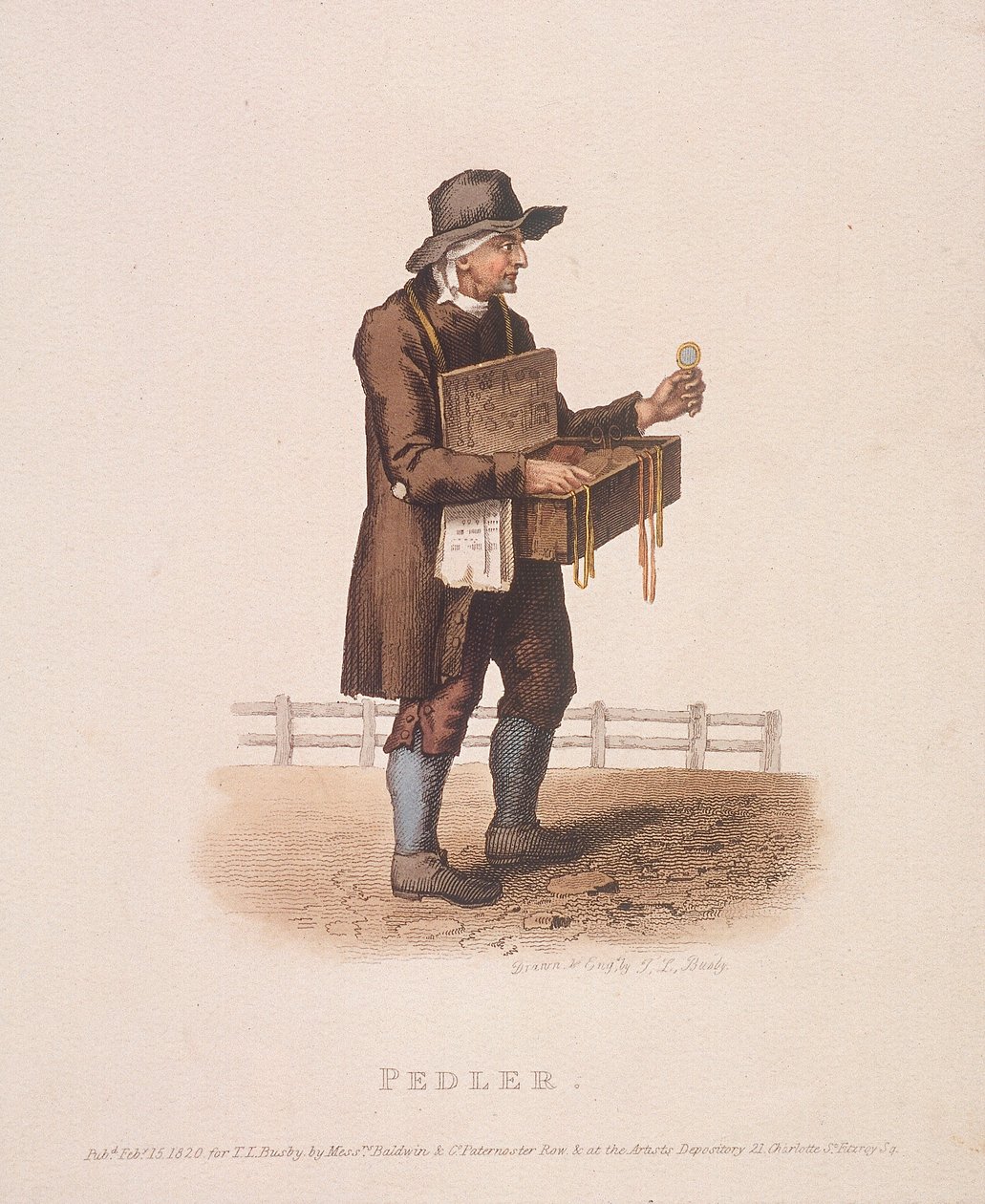 Pedlar z pudełkiem z towarami zawieszonym na szyi, 1820 autorstwa Thomas Lord Busby
