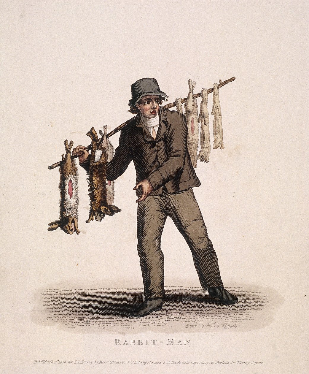 Sprzedawca królików niosący tyczkę z królikami, 1820 autorstwa Thomas Lord Busby