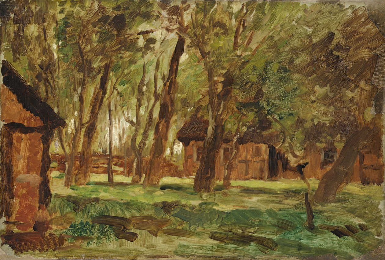Zagroda pod drzewami (olej na papierze) autorstwa Thomas Ludwig Herbst