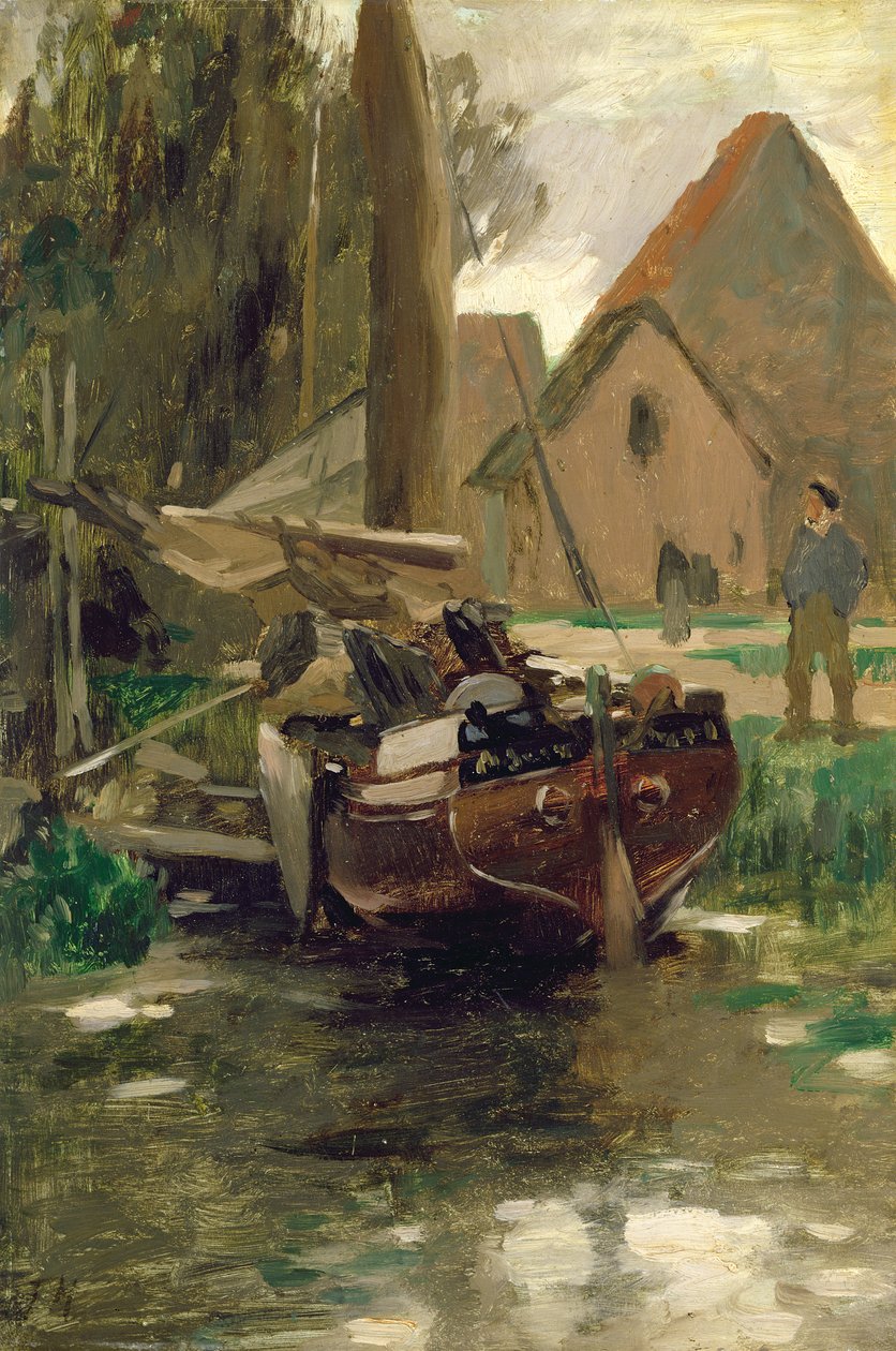 Mały port z łodzią (na pokładzie olej na papierze) autorstwa Thomas Ludwig Herbst