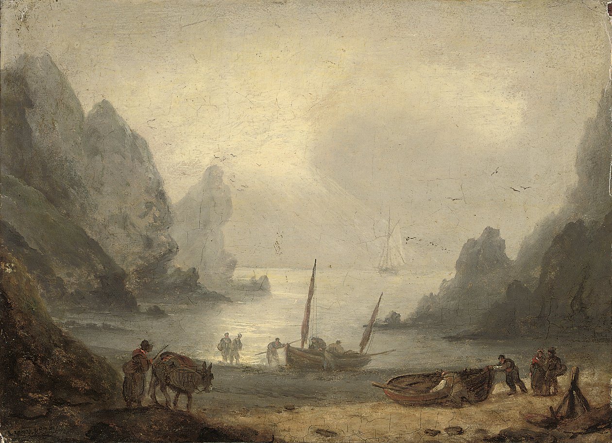 Zatoka Devonshire z rybakami wyładowującymi swój połów na przybrzeże, ok. 1804 r autorstwa Thomas Luny