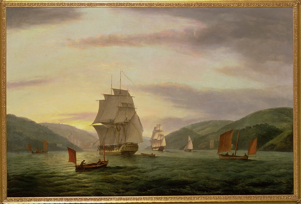 Fregata, Lugger i statek handlowy w porcie Dartmouth, 1808 autorstwa Thomas Luny