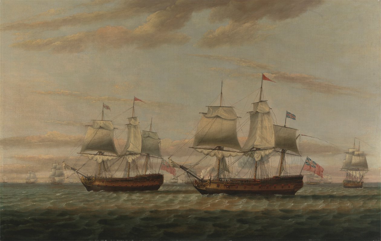 Indianin i dwupokładowy Hove, rzekomo Thomas Dumar, Esq. w HM Statek „Portland” dostarczający konwój z Wyspy Podwietrznej w 1776 r autorstwa Thomas Luny