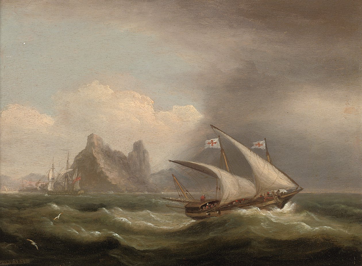 Uzbrojony Xebec na Morzu Śródziemnym, brytyjska fregata z rufy i przelatująca obok skalistego wybrzeża, 1822 autorstwa Thomas Luny