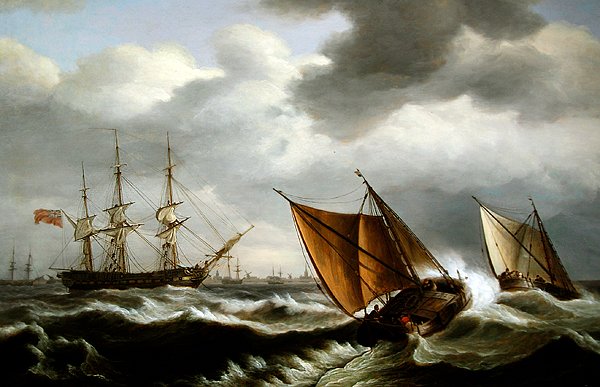Holenderski statek przybrzeżny z angielską fregatą na kotwicy podczas sztormu w pobliżu Harwich autorstwa Thomas Luny