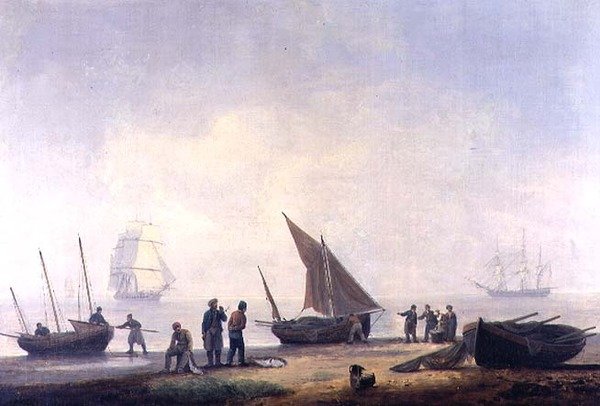 Rybacy na plaży, ze statkami na morzu autorstwa Thomas Luny